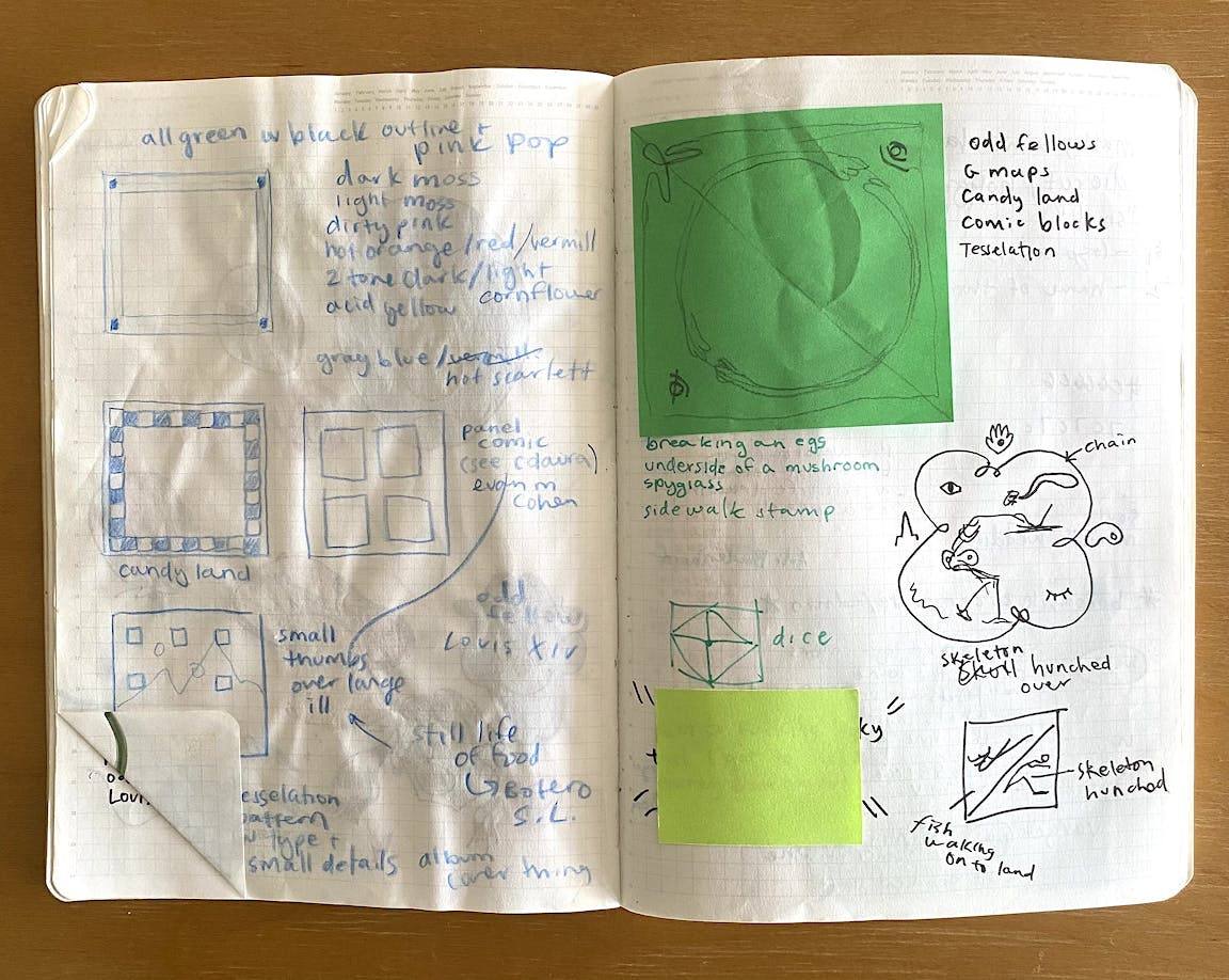 A sketchbook of written and illustrated notes.